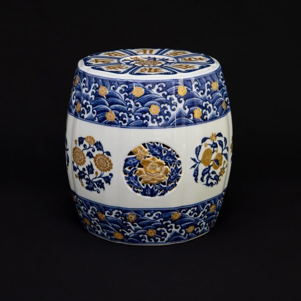 Ming Dynasty, Yongle Period (1403–1424) Blue and White Porcelain Stool with Gilt Decoration