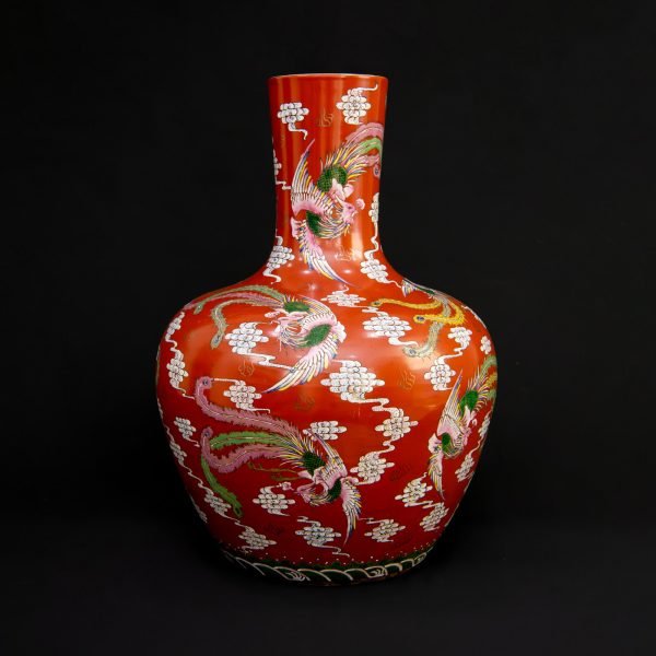 Chinese Red-Glazed Vase with Nine Phoenixes  Late Qing Dynasty / Republican Era