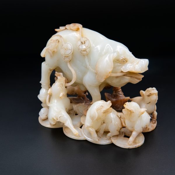 Qing Dynasty White Jade Pig Family Group