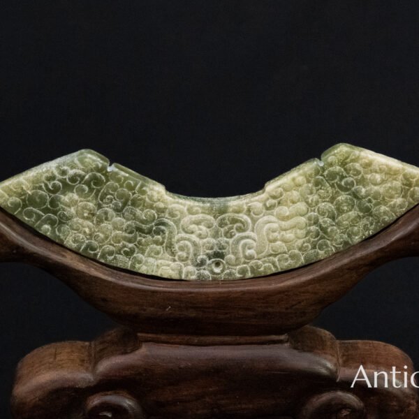 Chinese-Style Green Jade Carved Plaque with Wooden Display Stand
